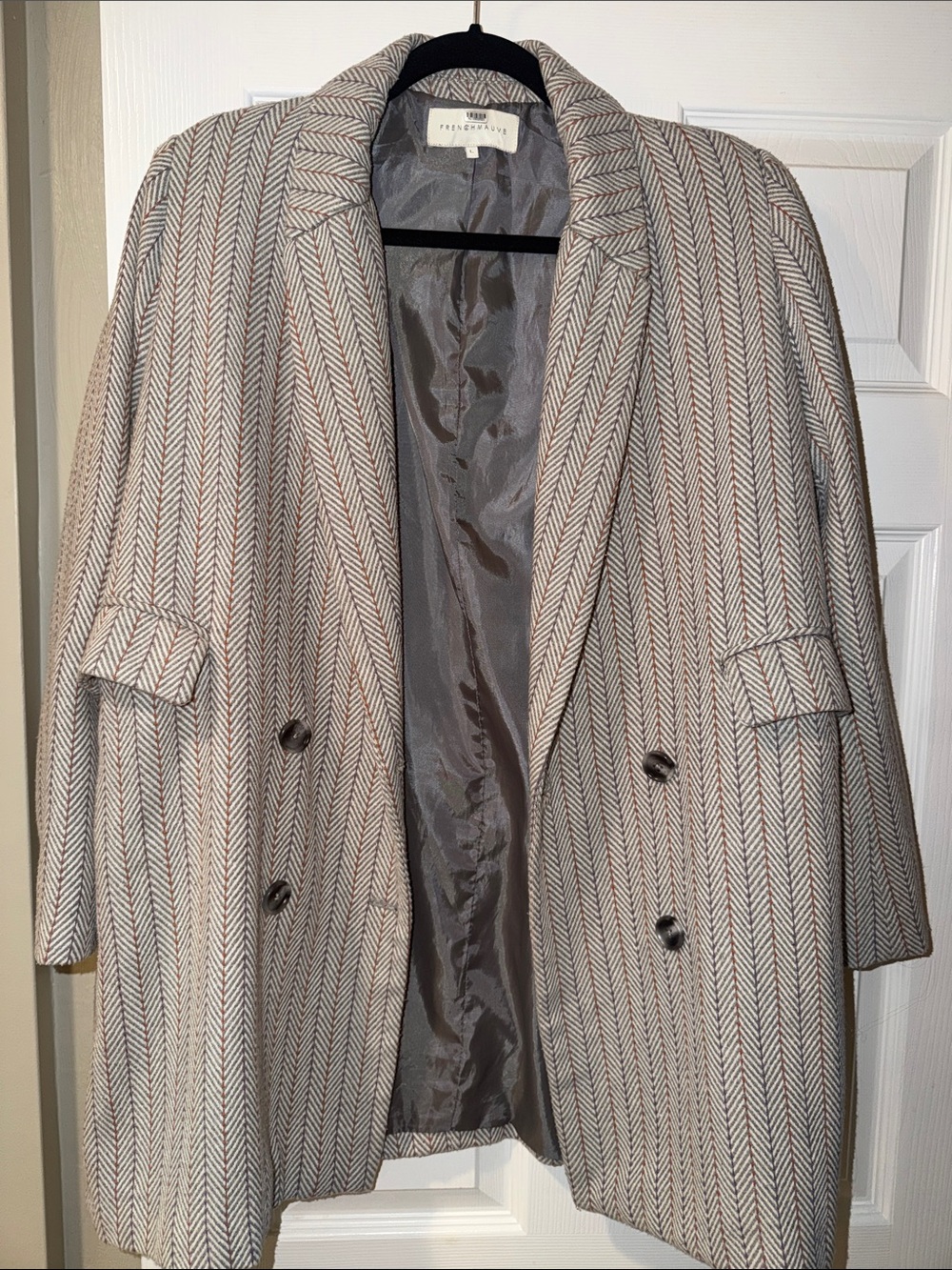 FrenchMauve Beige & Brown Herringbone Double-Breasted Blazer